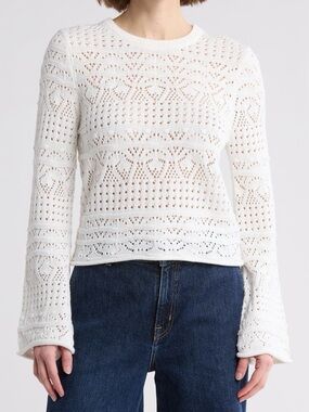 NWT French Connection Cream Openwork Knit Sweater with Bell Sleeve Size XL